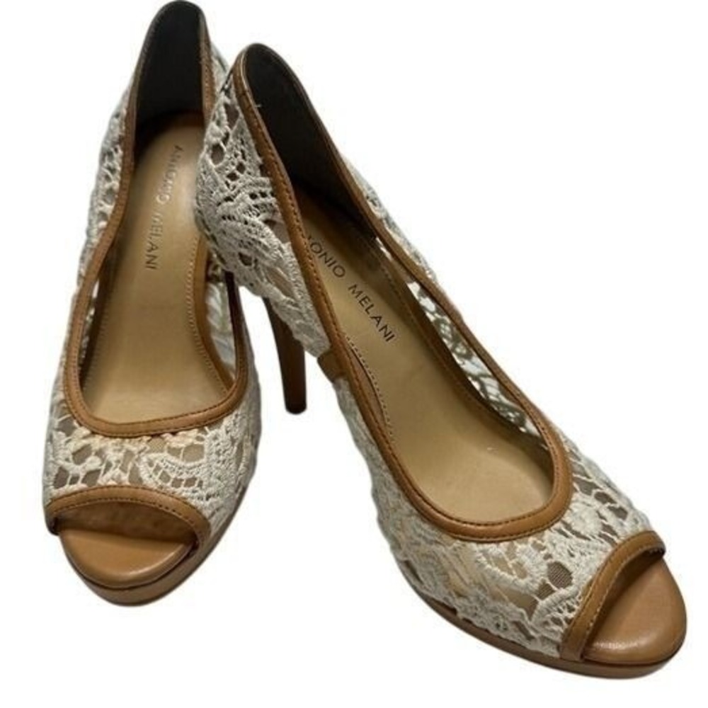 Antonio Melani Tan Lace Peep Toe Platform Pumps Cream Floral Stiletto Heels